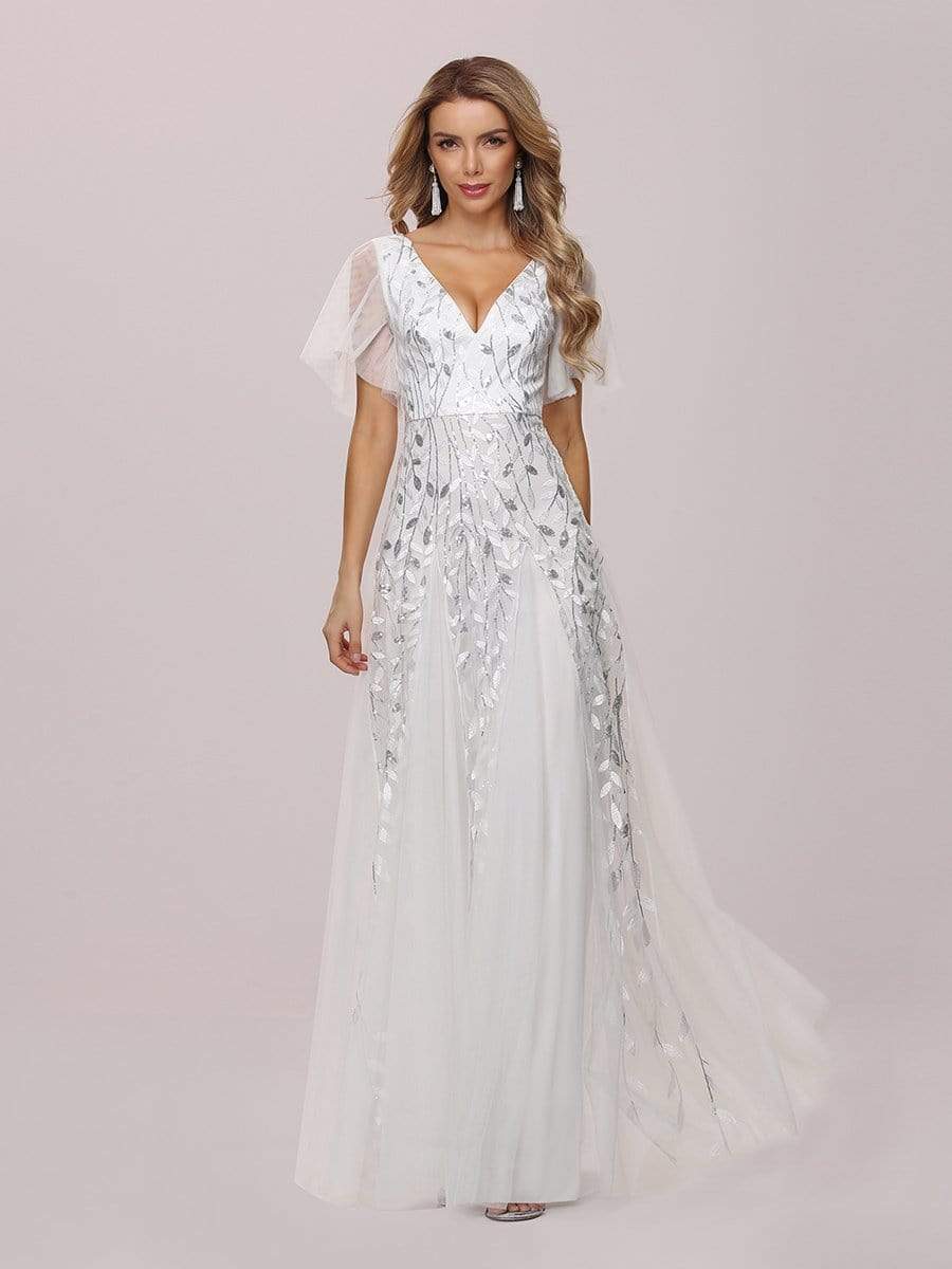 Color=White | Modern Floor Length Embroidered Sequined Tulle Wedding Dress-White 8