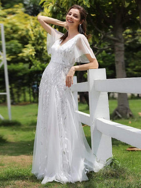 Color=White | Romantic Shimmery V Neck Ruffle Sleeves Evening Gown-White 4