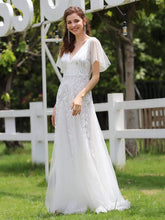 Color=White | Romantic Shimmery V Neck Ruffle Sleeves Evening Gown-White 1