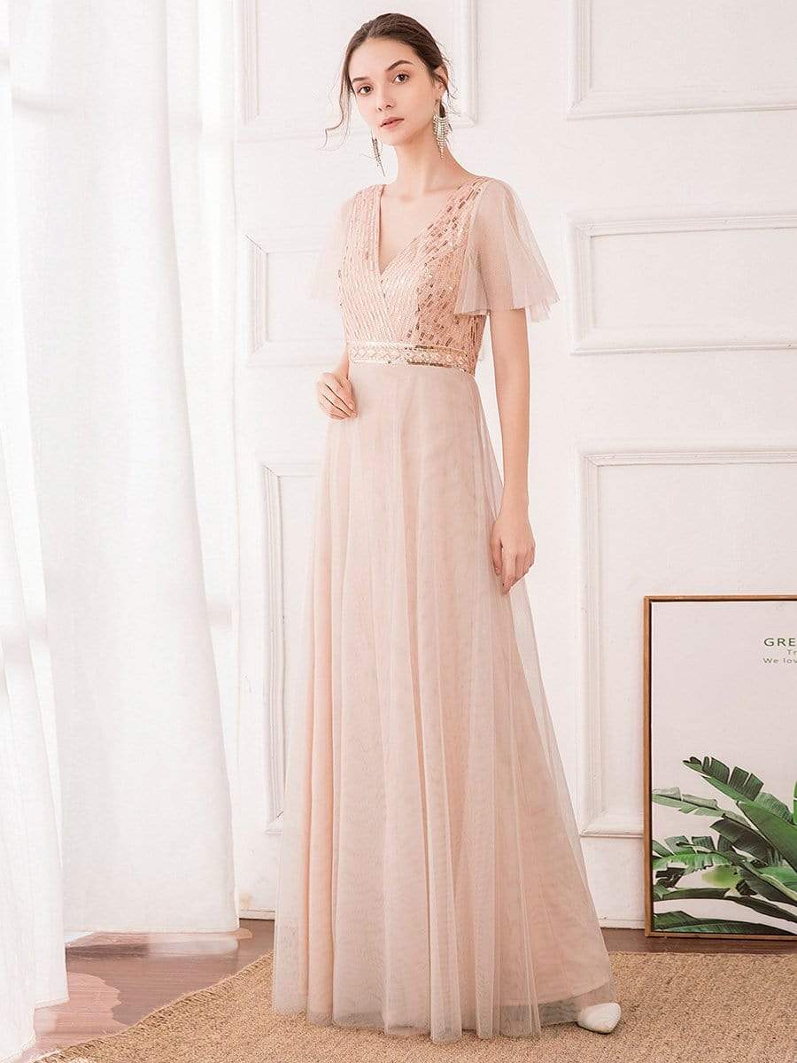 Color=Blush | Maxi A-Line Cross V-neck Tulle Bridesmaid Dress with Sequin Stripes-Blush 3