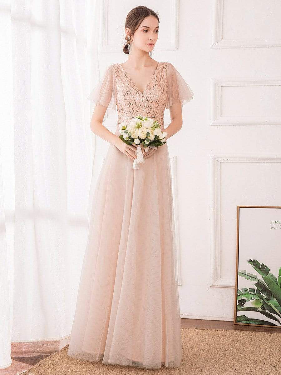 Color=Blush | Maxi A-Line Cross V-neck Tulle Bridesmaid Dress with Sequin Stripes-Blush 4