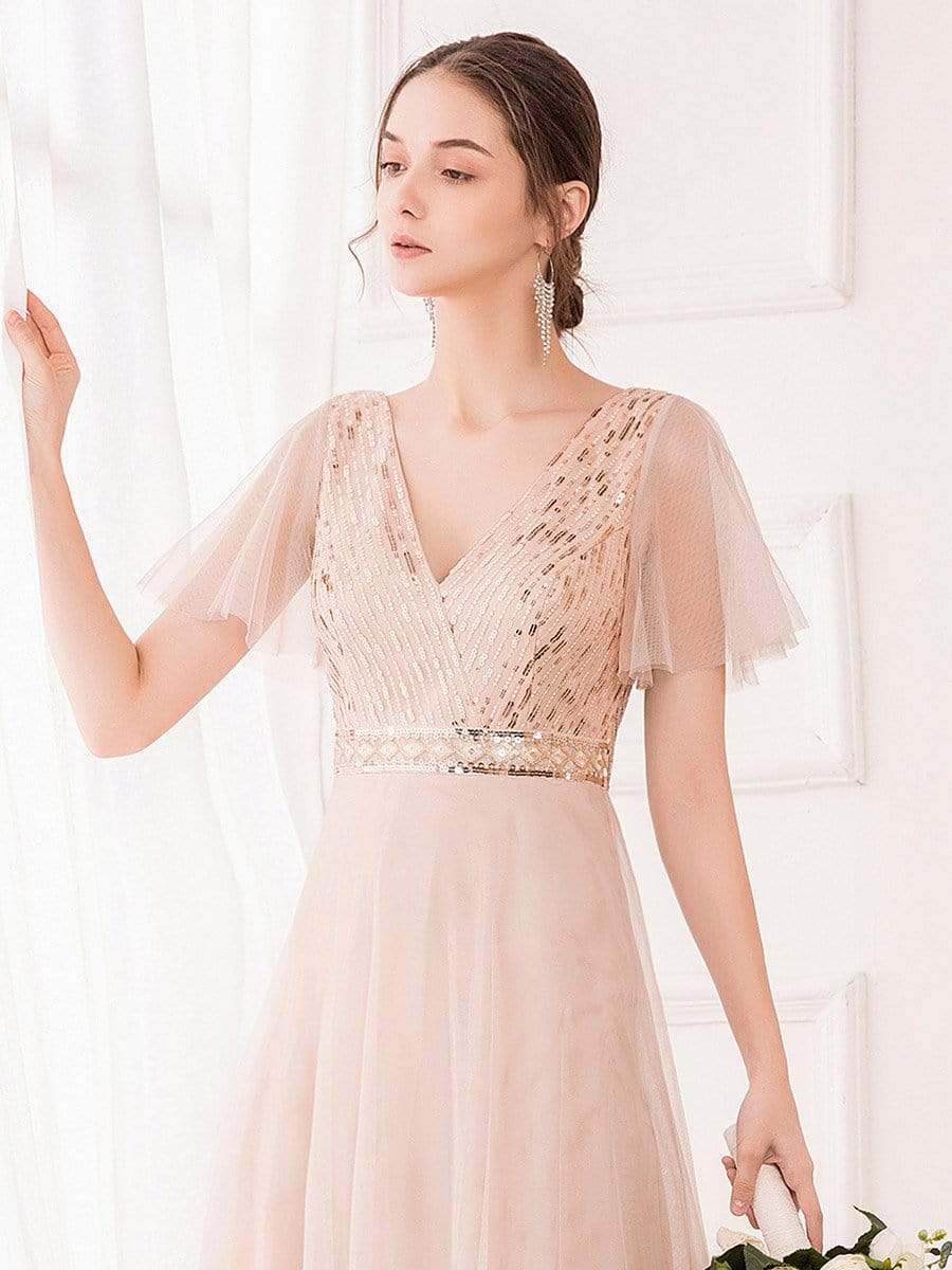 Color=Blush | Maxi A-Line Cross V-neck Tulle Bridesmaid Dress with Sequin Stripes-Blush 5