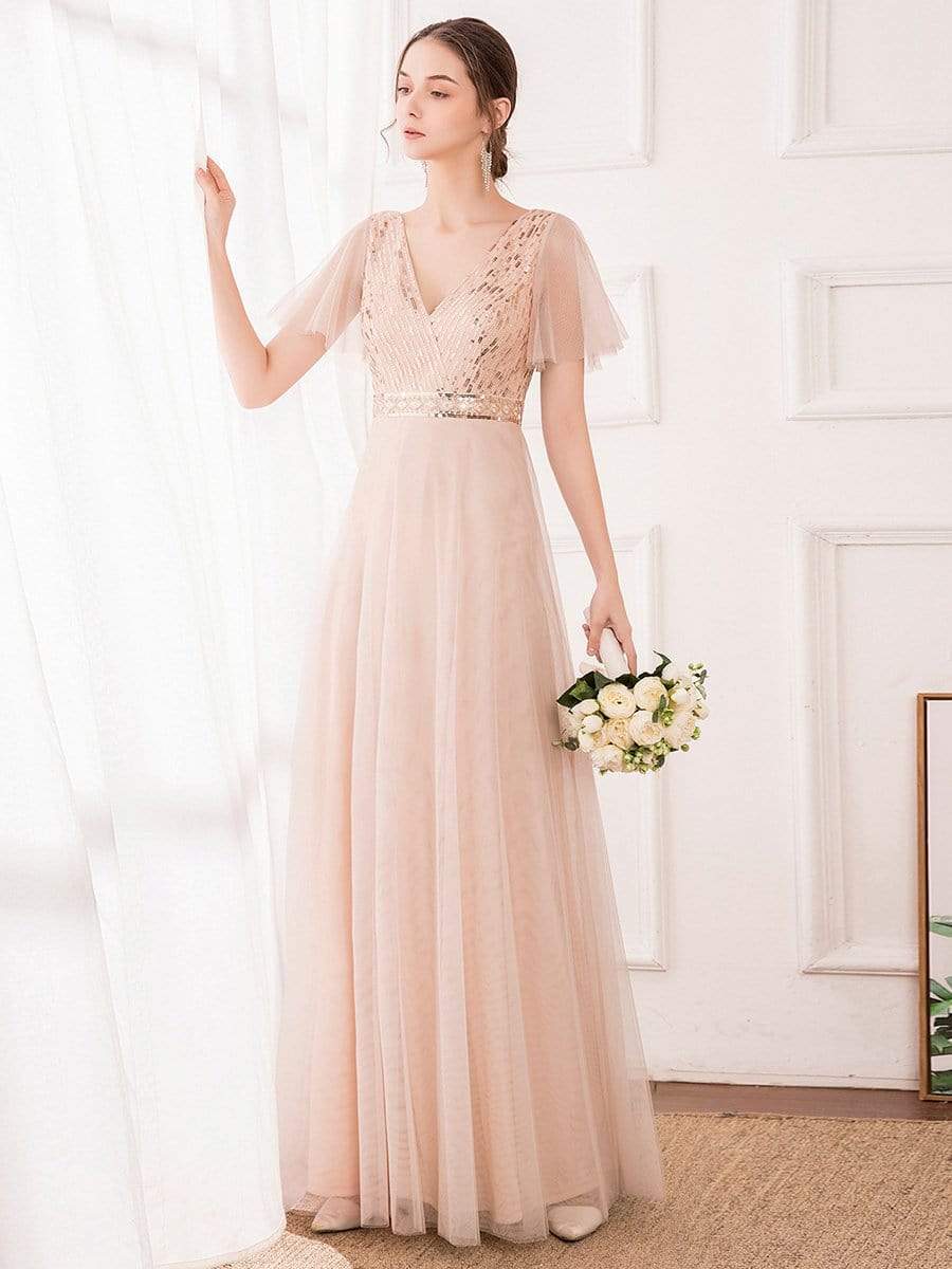 Color=Blush | Maxi A-Line Cross V-neck Tulle Bridesmaid Dress with Sequin Stripes-Blush 1