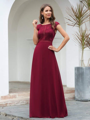 Color=Burgundy | Women'S Cap Sleeve Long Bridesmaid Dresses With Floral Lace-Burgundy 3