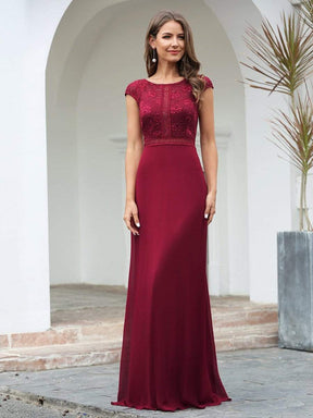 Color=Burgundy | Women'S Cap Sleeve Long Bridesmaid Dresses With Floral Lace-Burgundy 4