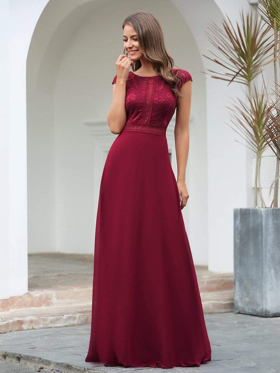 Color=Burgundy | Women'S Cap Sleeve Long Bridesmaid Dresses With Floral Lace-Burgundy 1