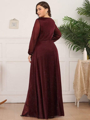 Color=Burgundy | Plus Size Women'S Sexy V-Neck Long Sleeve Evening Dress-Burgundy 2