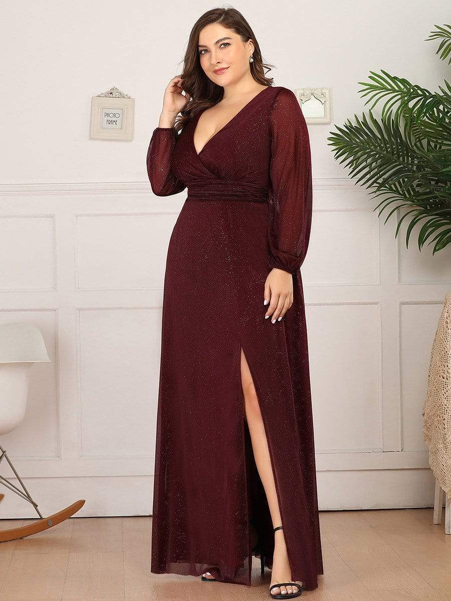Color=Burgundy | Plus Size Women'S Sexy V-Neck Long Sleeve Evening Dress-Burgundy 3