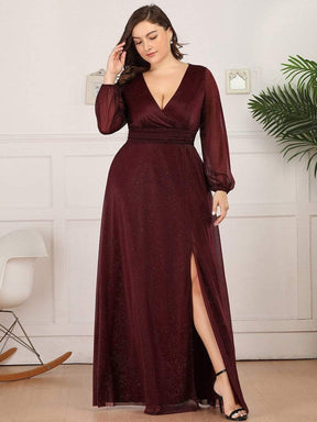 Color=Burgundy | Plus Size Women'S Sexy V-Neck Long Sleeve Evening Dress-Burgundy 4