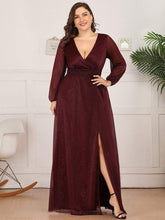 Color=Burgundy | Plus Size Women'S Sexy V-Neck Long Sleeve Evening Dress-Burgundy 1