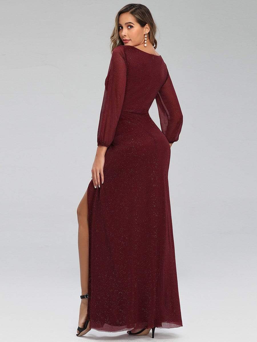 Women's Sexy V-Neck Shiny Evening Dresses with Long Sleeve