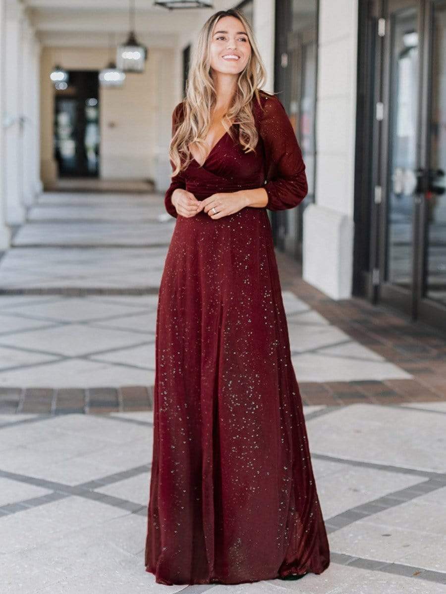 Color=Burgundy | Women'S Sexy V-Neck Long Sleeve Evening Dress-Burgundy 3