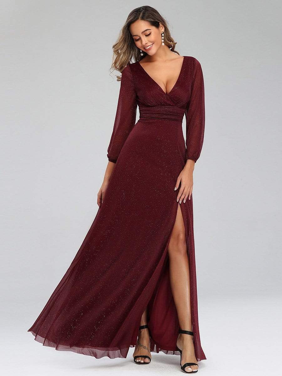 Color=Burgundy | Women'S Sexy V-Neck Long Sleeve Evening Dress-Burgundy 7