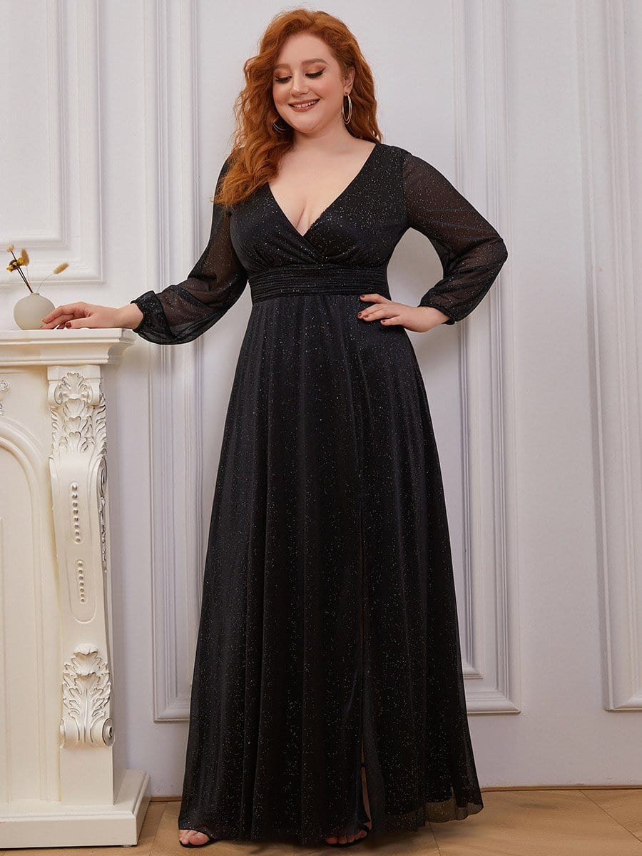 Women s Sexy V Neck Shiny Plus Size Evening Dresses with Long Sleeve