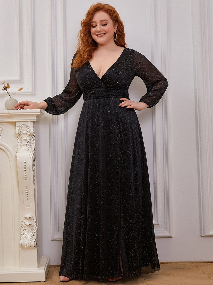 Color=Black | Plus Size Women'S Sexy V-Neck Long Sleeve Evening Dress-Black 1
