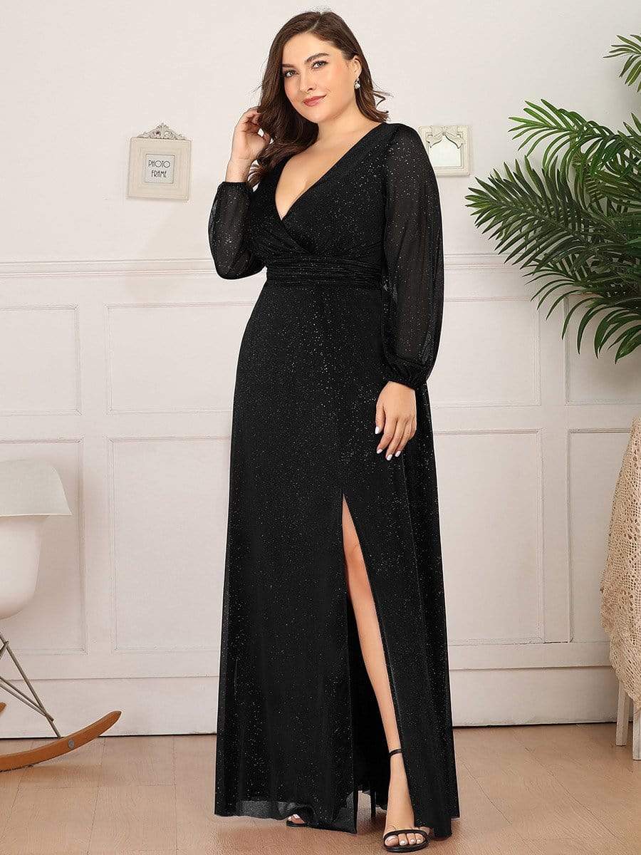 Long Sleeve Glitter Evening Gowns with V Neck - Ever Pretty AU Long Sleeve Glitter Evening Gowns with V Neck - Ever Pretty AU