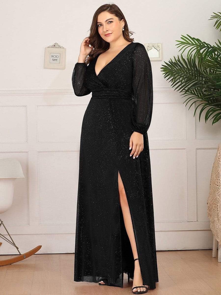 Color=Black | Women'S Sexy V-Neck Long Sleeve Evening Dress-Black 6