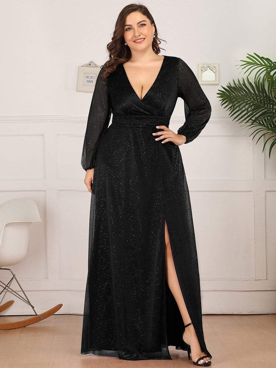 Color=Black | Women'S Sexy V-Neck Long Sleeve Evening Dress-Black 5