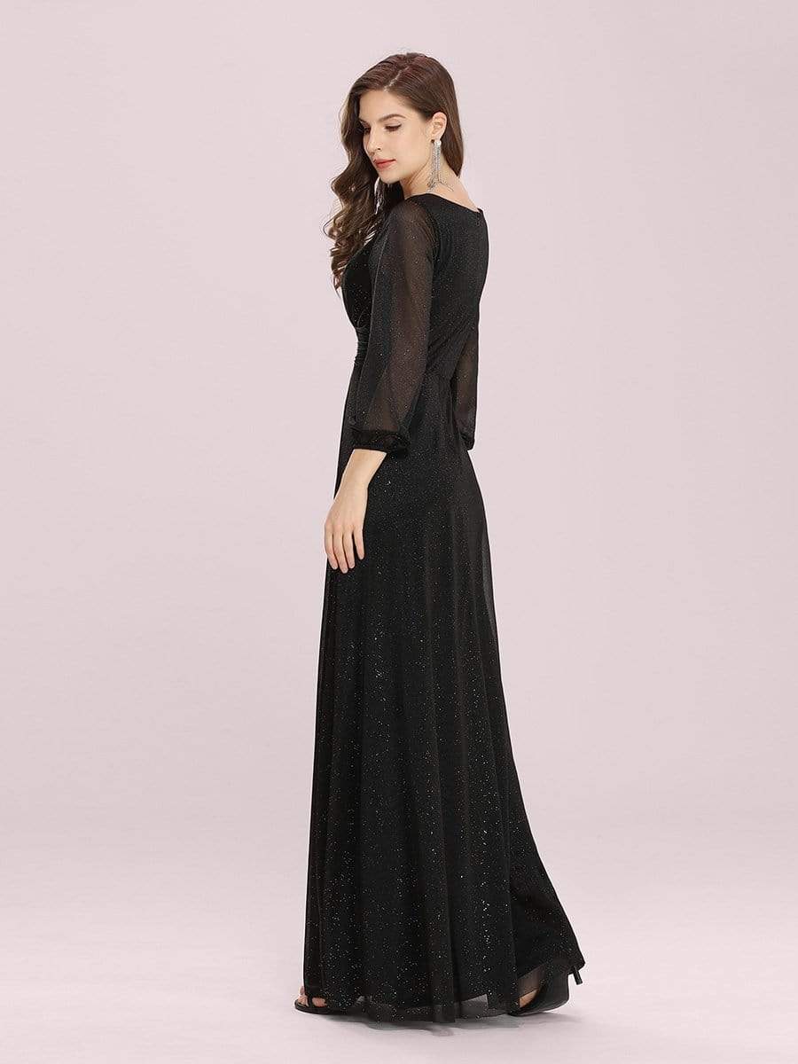 Color=Black | Women'S Sexy V-Neck Long Sleeve Evening Dress-Black 2