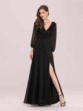 Color=Black | Women'S Sexy V-Neck Long Sleeve Evening Dress-Black 1
