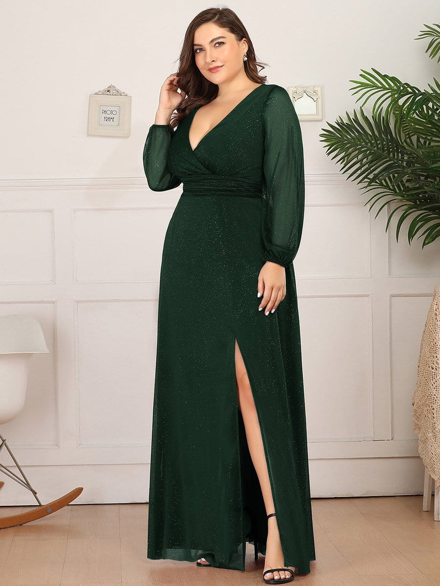 Color=Dark Green | Women'S Sexy V-Neck Long Sleeve Evening Dress-Dark Green 6