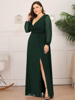 Color=Dark Green | Plus Size Women'S Sexy V-Neck Long Sleeve Evening Dress-Dark Green 3