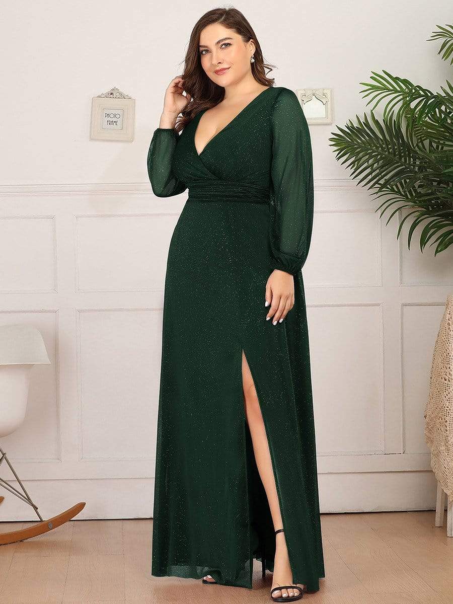 Color=Dark Green | Plus Size Women'S Sexy V-Neck Long Sleeve Evening Dress-Dark Green 3
