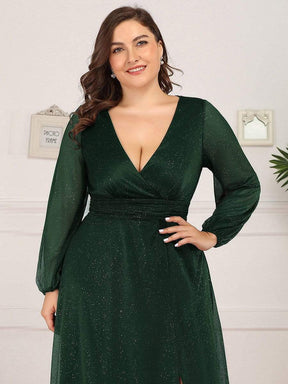 Color=Dark Green | Plus Size Women'S Sexy V-Neck Long Sleeve Evening Dress-Dark Green 5