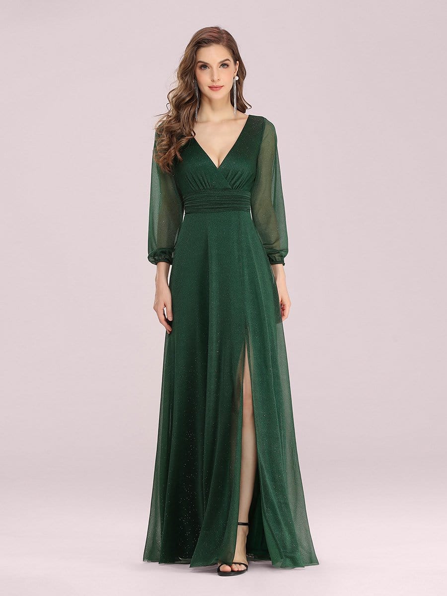 Color=Dark Green | Women'S Sexy V-Neck Long Sleeve Evening Dress-Dark Green 4