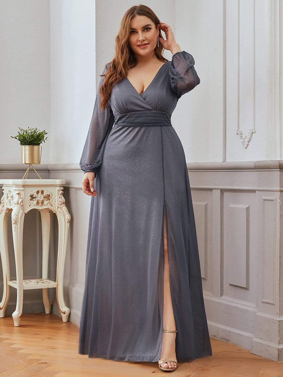 Color=Grey | Women'S Sexy V-Neck Long Sleeve Evening Dress-Grey 11