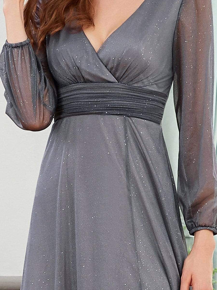 Color=Grey | Women'S Sexy V-Neck Long Sleeve Evening Dress-Grey 5