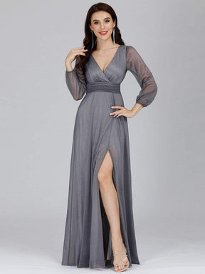 Color=Grey | Women'S Sexy V-Neck Long Sleeve Evening Dress-Grey 6