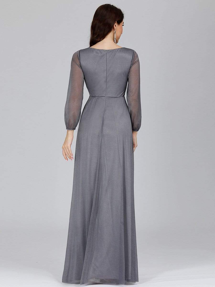 Color=Grey | Women'S Sexy V-Neck Long Sleeve Evening Dress-Grey 7
