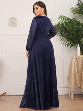 Color=Navy Blue | Plus Size Women'S Sexy V-Neck Long Sleeve Evening Dress-Navy Blue 2
