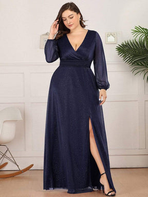 Color=Navy Blue | Plus Size Women'S Sexy V-Neck Long Sleeve Evening Dress-Navy Blue 4