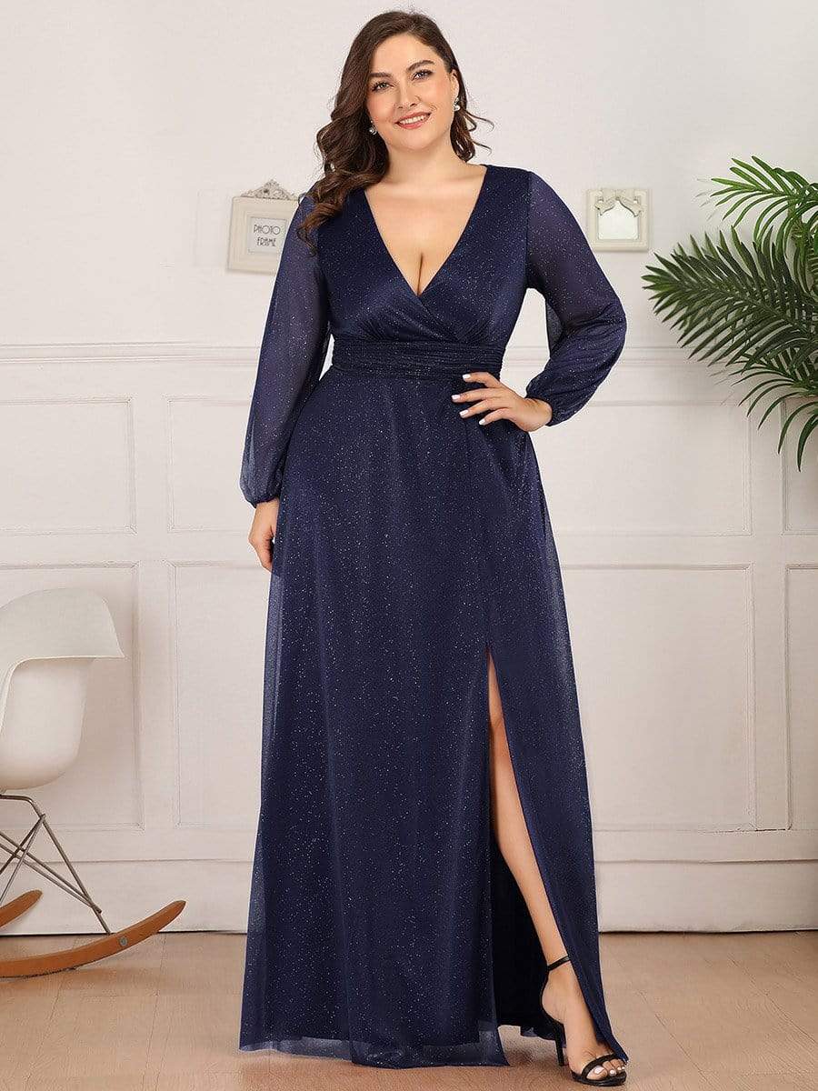Color=Navy Blue | Plus Size Women'S Sexy V-Neck Long Sleeve Evening Dress-Navy Blue 1