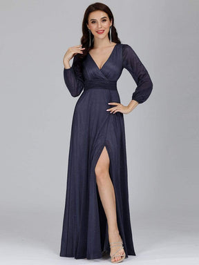 Color=Navy Blue | Women'S Sexy V-Neck Long Sleeve Evening Dress-Navy Blue 1