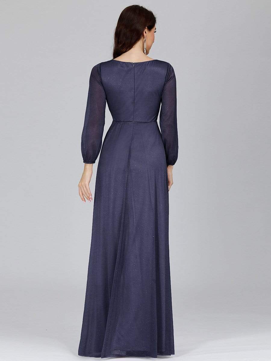 Color=Navy Blue | Women'S Sexy V-Neck Long Sleeve Evening Dress-Navy Blue 2