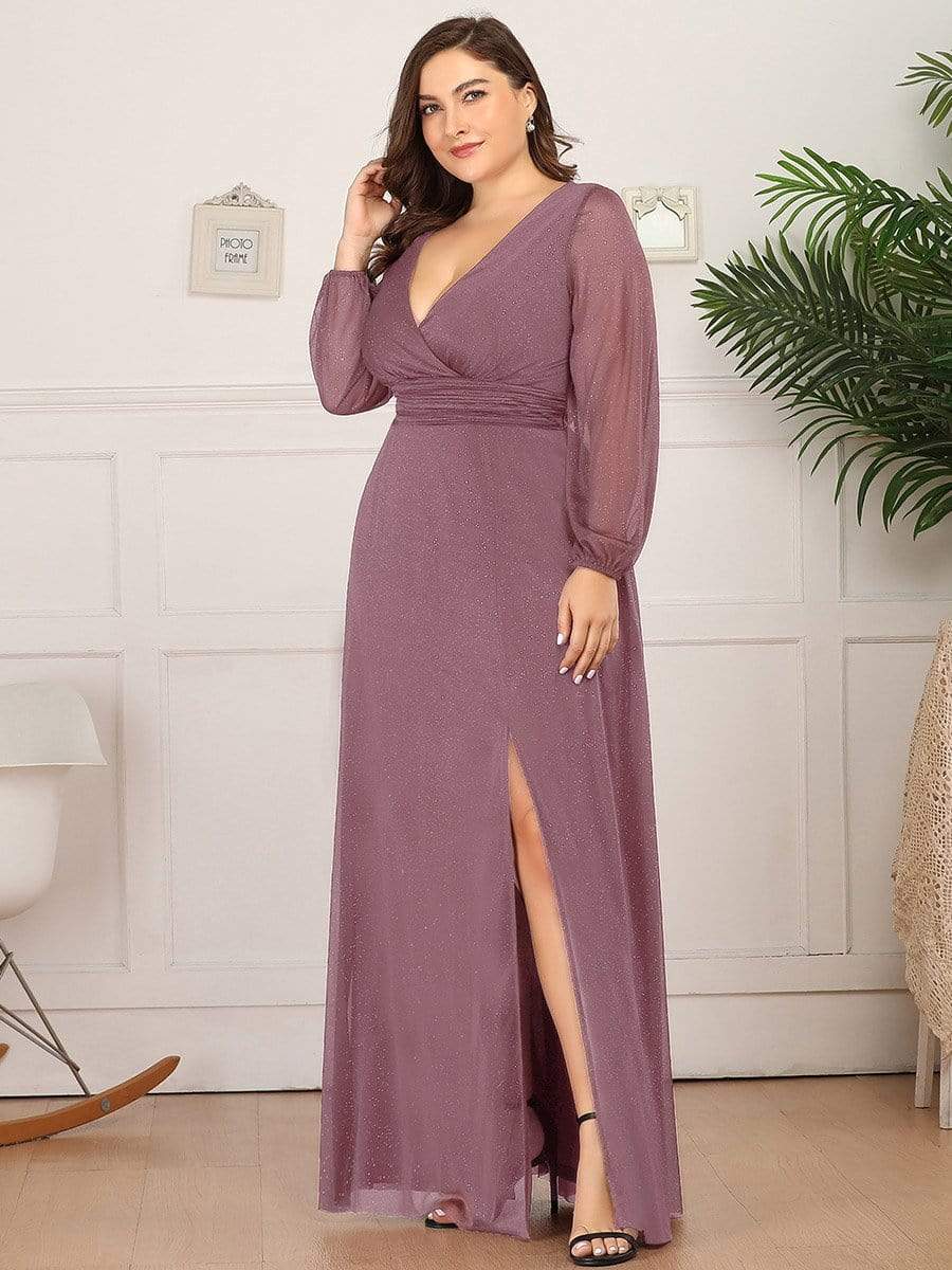 Color=Purple Orchid | Women'S Sexy V-Neck Long Sleeve Evening Dress-Purple Orchid 3