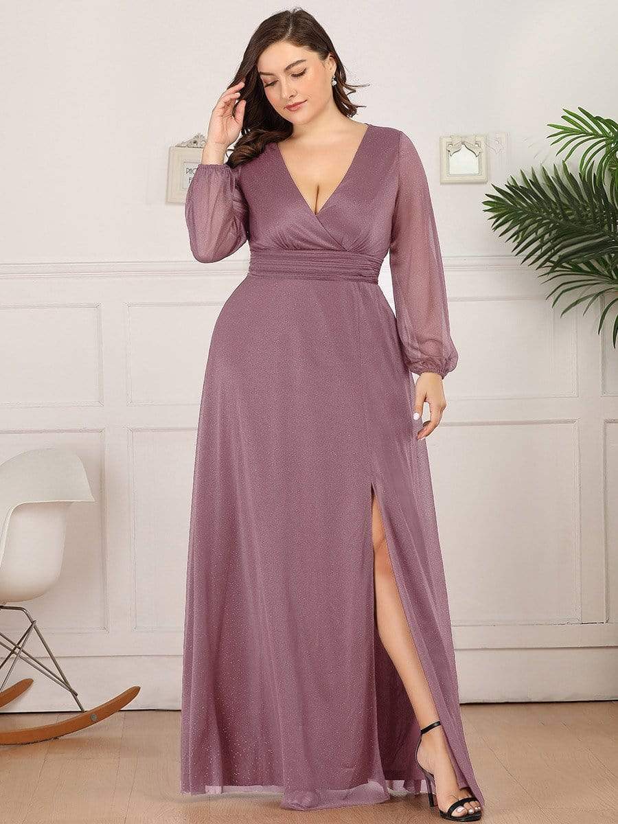 Color=Purple Orchid | Women'S Sexy V-Neck Long Sleeve Evening Dress-Purple Orchid 4