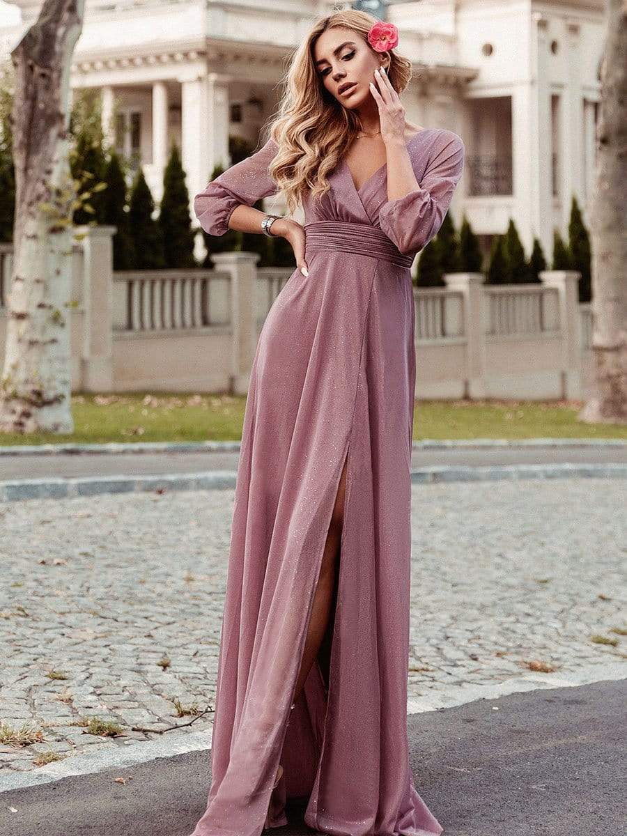 Color=Purple Orchid | Women'S Sexy V-Neck Long Sleeve Evening Dress-Purple Orchid 1