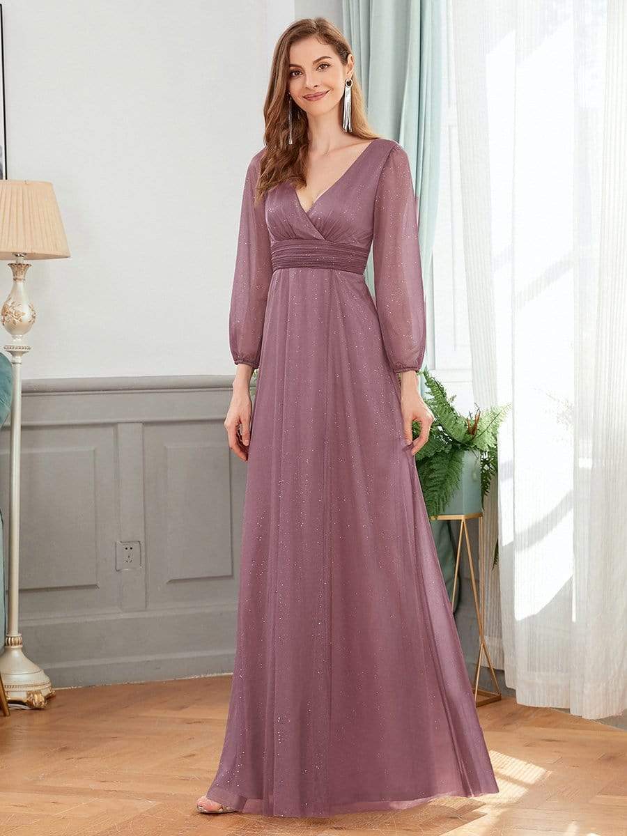 Color=Purple Orchid | Women'S Sexy V-Neck Long Sleeve Evening Dress-Purple Orchid 4