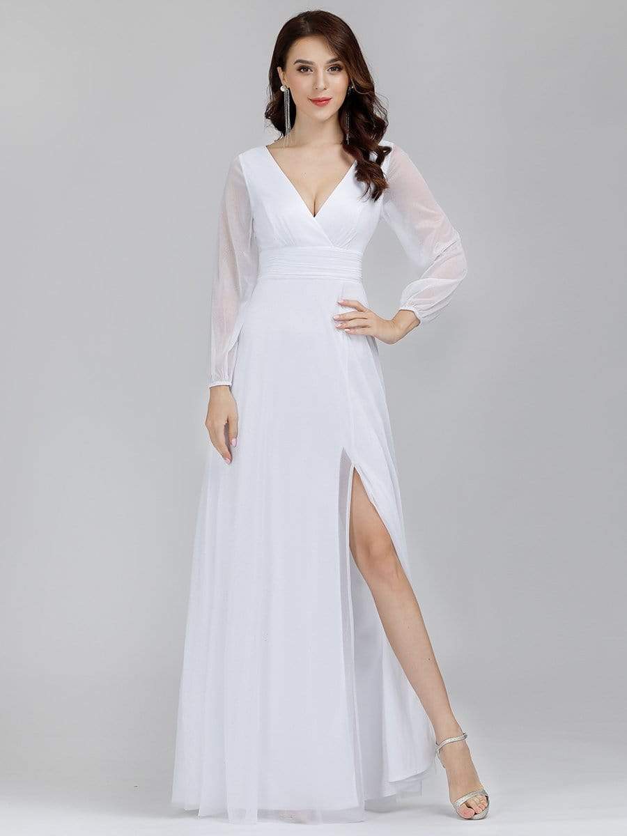 Color=White | Women'S Sexy V-Neck Long Sleeve Evening Dress-White 1