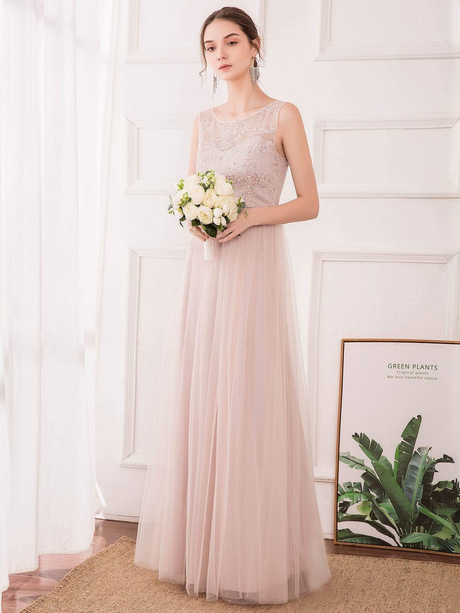 Color=Pink | Romantic A-Line O-Neck Embroidery Tulle Bridesmaid Dress-Pink 3
