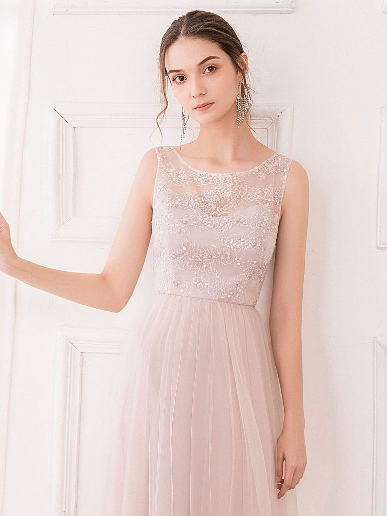 Color=Pink | Romantic A-Line O-Neck Embroidery Tulle Bridesmaid Dress-Pink 5