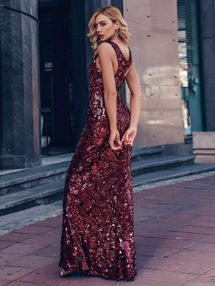 Color=Burgundy | Sexy Deep V Neck Mermaid Evening Dress With Sequin-Burgundy 9