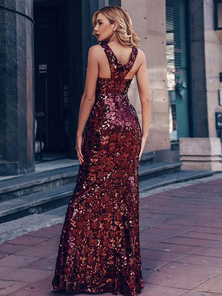 Color=Burgundy | Sexy Deep V Neck Mermaid Evening Dress With Sequin-Burgundy 10