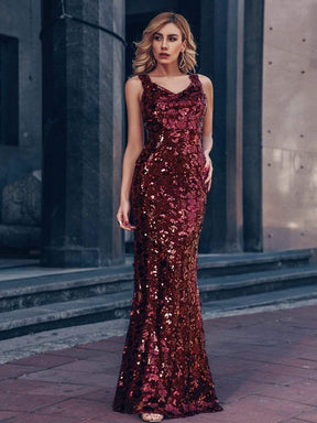 Color=Burgundy | Sexy Deep V Neck Mermaid Evening Dress With Sequin-Burgundy 1