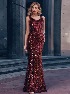 Color=Burgundy | Sexy Deep V Neck Mermaid Evening Dress With Sequin-Burgundy 4