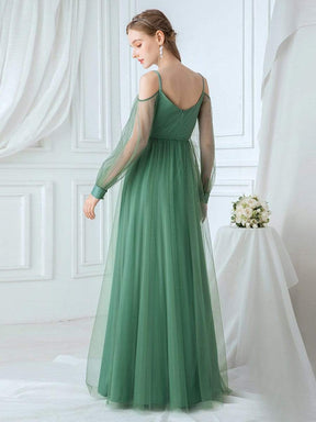 Color=Green Bean | Romantic Spaghetti Straps Sheer Sleeves Applique Tulle Bridesmaid Dresses-Green Bean 2